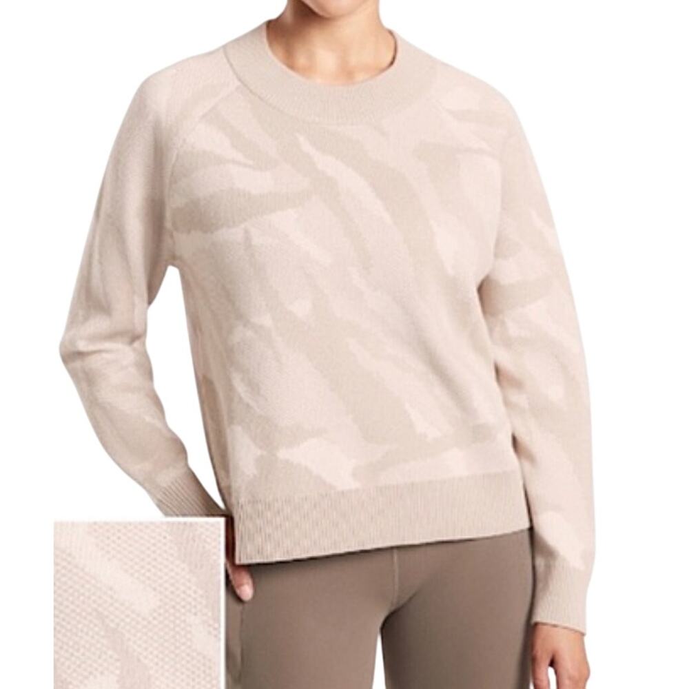 Athleta Tan Camo Camouflage Crew Neck Wool Blend Jacquard Pullover Sweater sz L - Picture 2 of 10